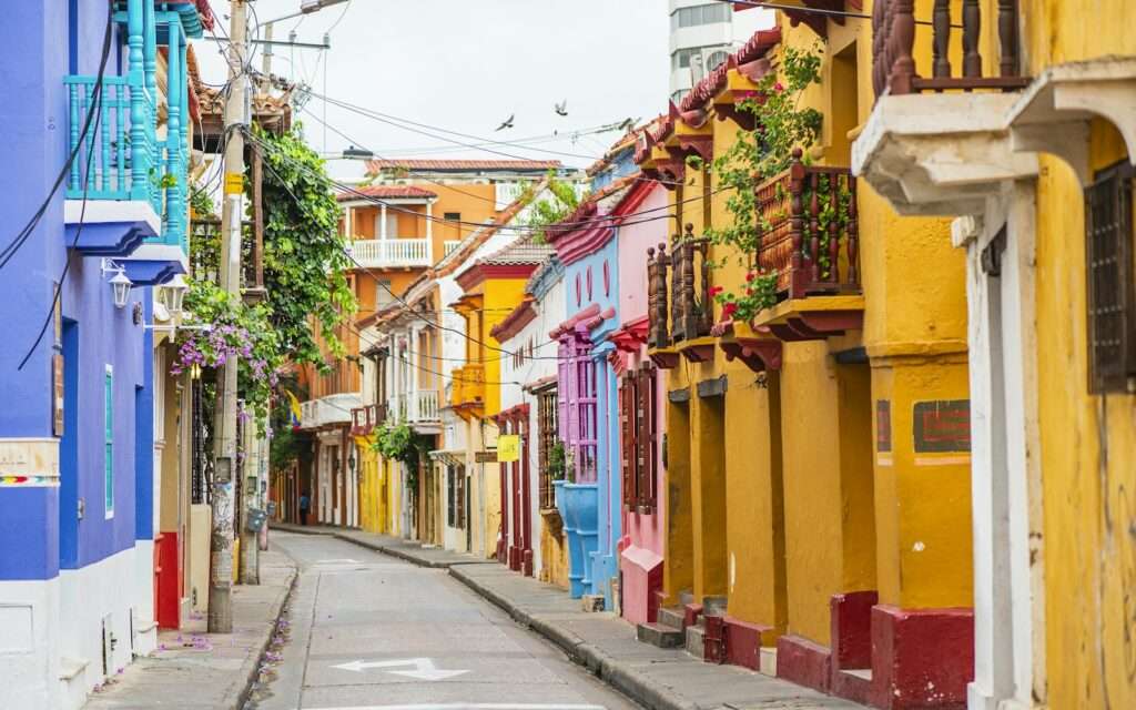 A colorful colonial street inside Cartagena's walled city